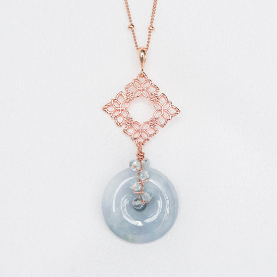 Blue Jade with Peranakan Tile and Aqumarine Vine Necklace - BJN4R