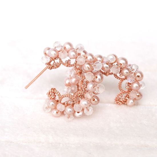 Blush Pearl and Moonstone Encrusted Glitzy Hoop Earrings