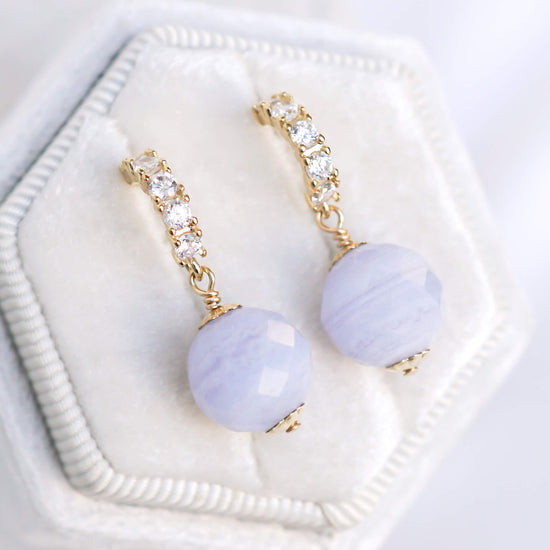 CZ Half Hoop Ear Studs with Blue Lace Agate