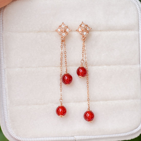 Diamond Ear Studs with Red Agate