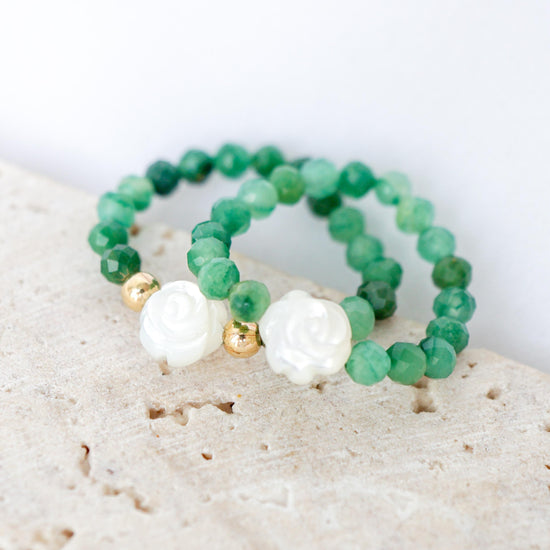 African Jade and Tiny Rose Mother of Pearl Ring