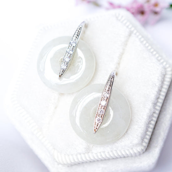 Sleek CZ Hook Earrings with Jade Donut - Off White Jade FJE4