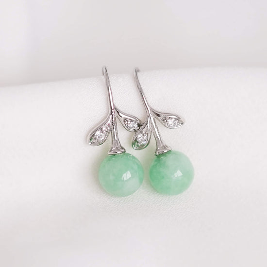CZ Leaf Hook Earrings with Green Jade