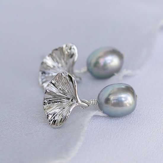 Gingko Leaf Ear Studs with Grey Pearls