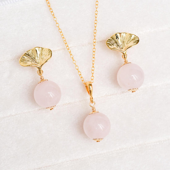 Gingko Rose Quartz Earrings and Necklace Set