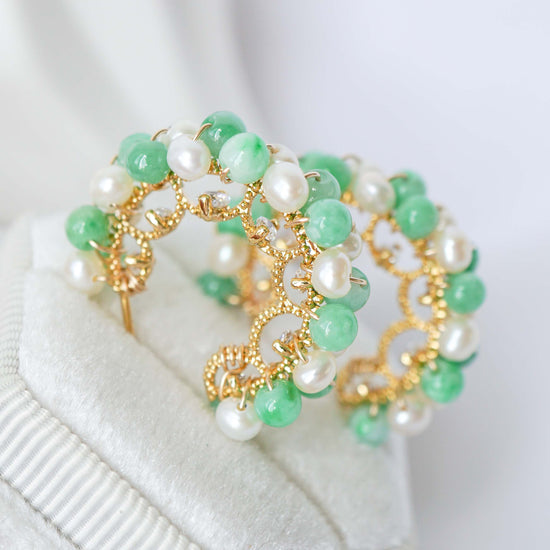 Pearl and Jade Encrusted Glitzy Hoop Earrings