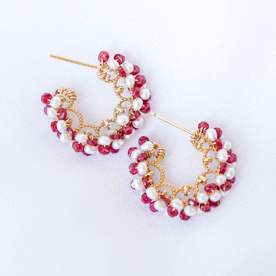 Pearl and Ruby Encrusted Glitzy Hoop Earrings