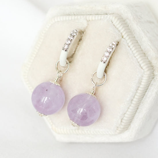 White Enamel Glow Hoops with Pink Amethyst