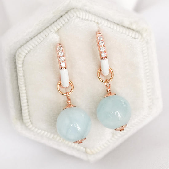 White Enamel Glow Hoops with Aquamarine
