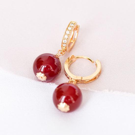 CZ Hoop Earrings with Red Agate