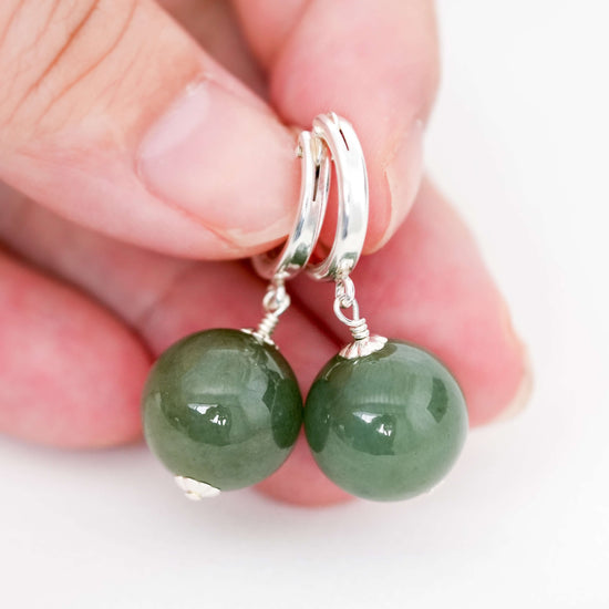 Chic Ear Hoops with Olive Green Jade Beads