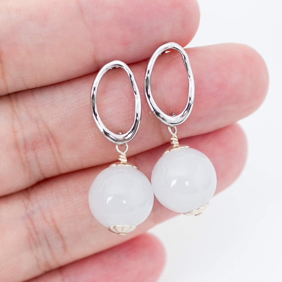 White Jade Flowy Oval Earrings