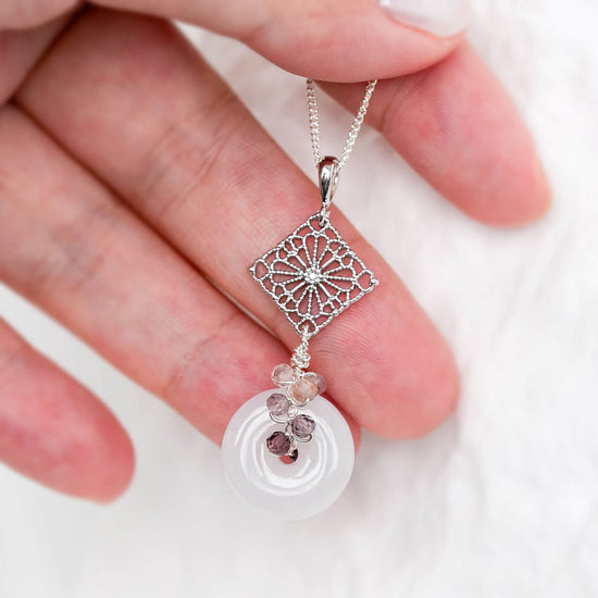 White Jade Necklace with Small Peranakan Tile and Spinel Vine