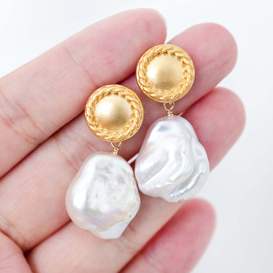 Medallion Ear Studs with White Keshi Pearls