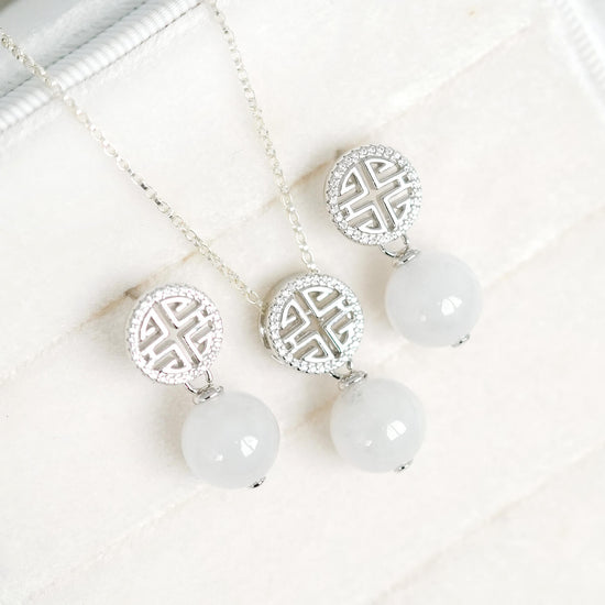 Prosperity White Jade Earrings and Necklace Set