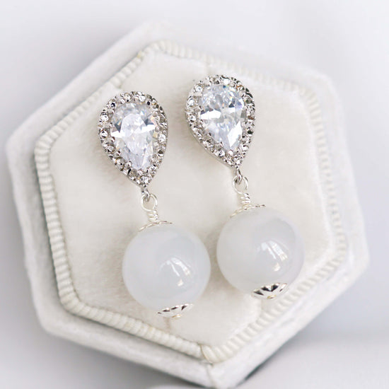 Large Dewdrop Ear Studs with White Jade