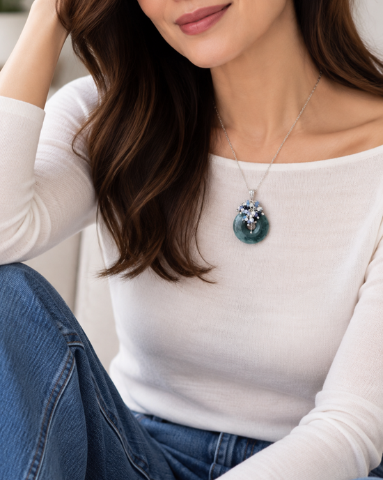 Peacock Blue Jade Donut with Gem Cluster Necklace N102S