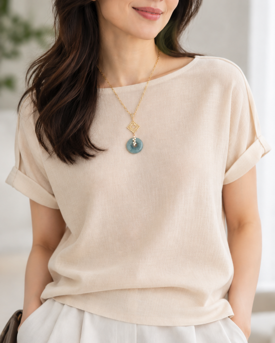 Peacock Blue Jade with Peranakan Tile and Pearl Vine Necklace - N110G