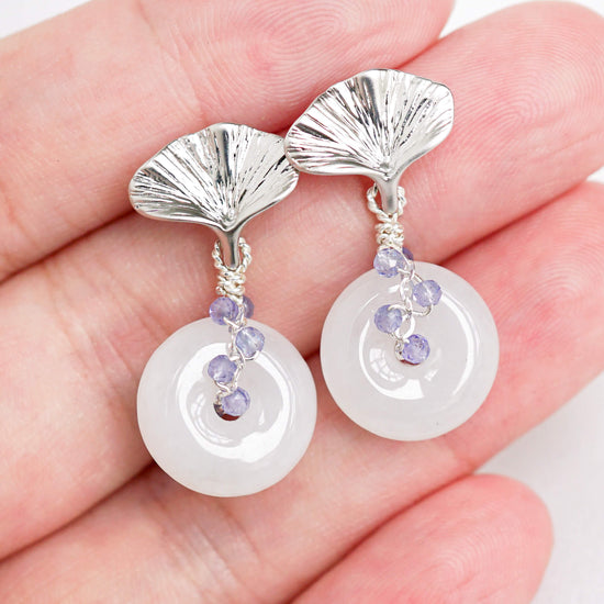 Gingko Leaf Ear Studs and Jade with Tanzanite Vine