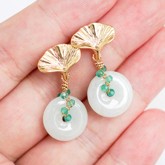 Gingko Leaf Ear Studs and Jade with Green Onyx Vine