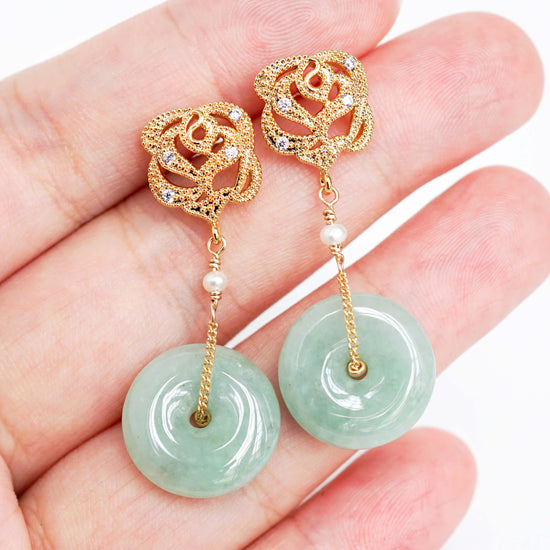 Green Jade with Rose Ear Studs