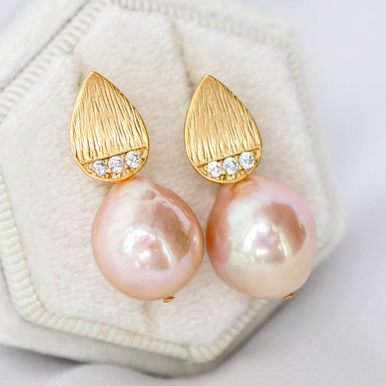 Sparkly Dewdrop Ear Studs with Baroque Pearls - PE6