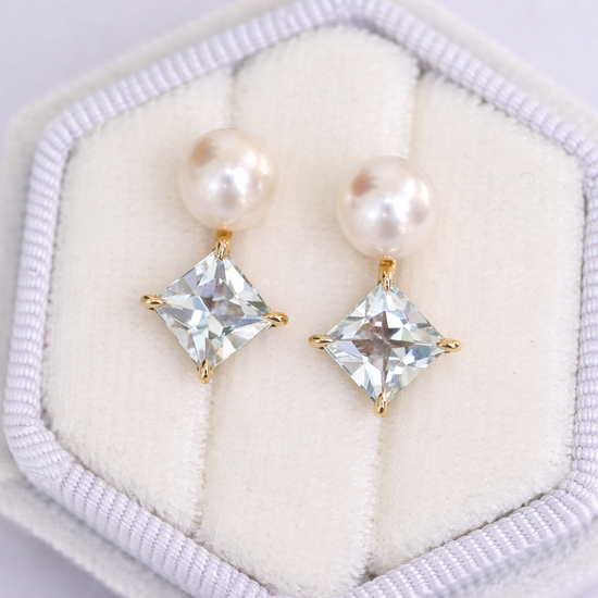 Pearl and Princess Aquamarine Duet Earrings in 14K