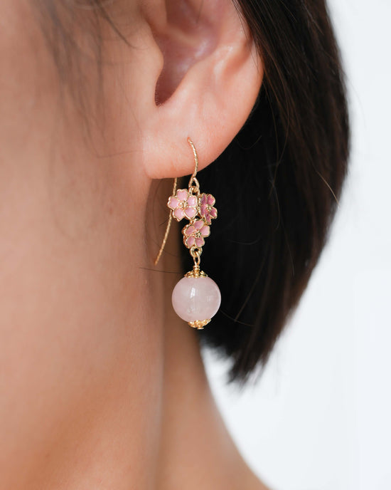 Pink Cherry Blossom Rose Quartz Hook Earrings