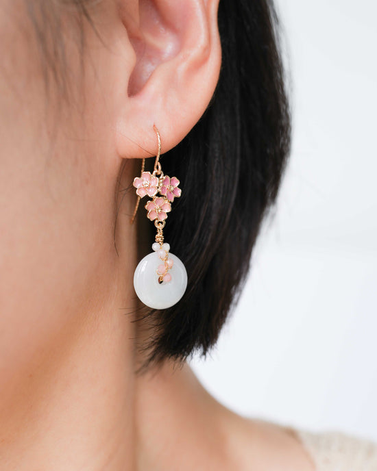 Cherry Blossom with White Jade and Pink Opal Vine Hook Earrings