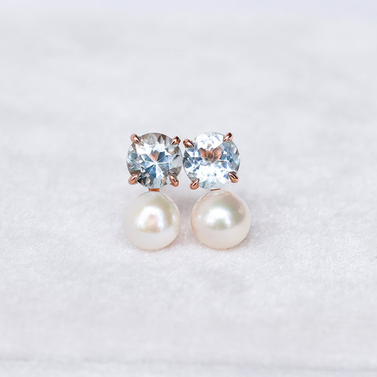 Round Aquamarine and Pearl Duet Earrings in 14K