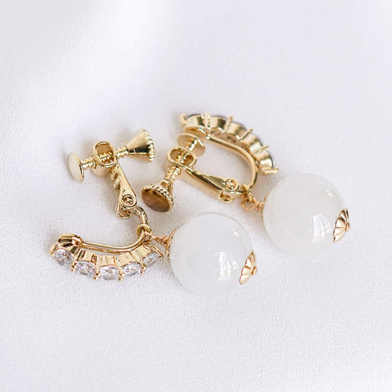 Screw-Back CZ White Jade Earrings