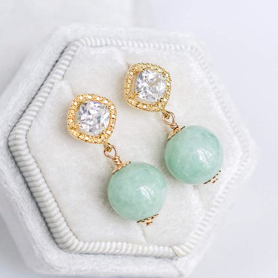 Square CZ Halo Ear Studs with Green Jade