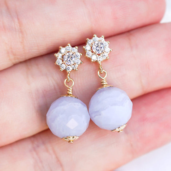 Sun Halo CZ Ear Studs with Blue Lace Agate