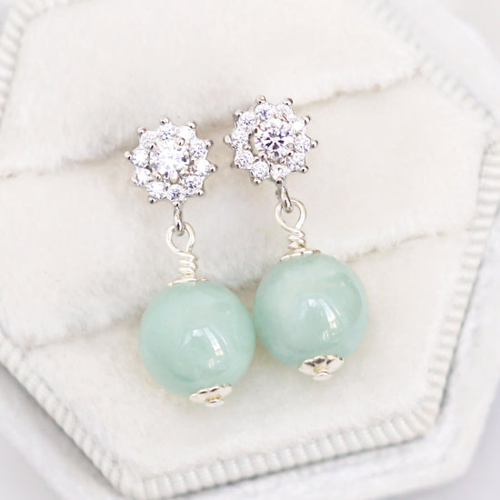 Sun Halo CZ Ear Studs with Green Jade Beads