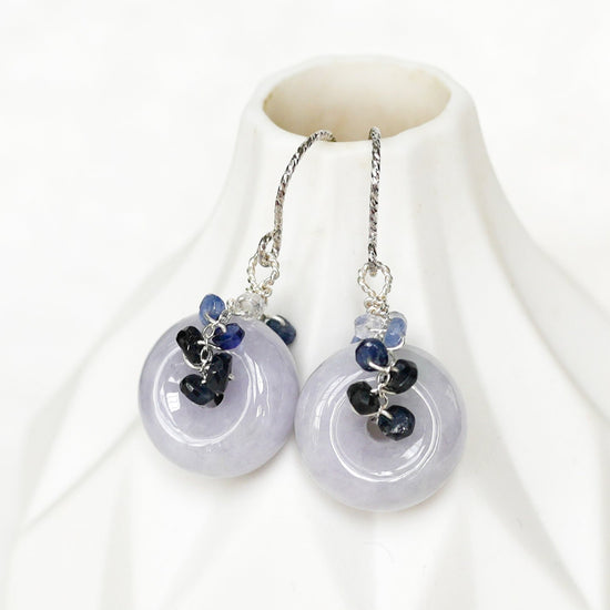 Vivid Lavender Jade with Sapphire Vine Hook Earrings