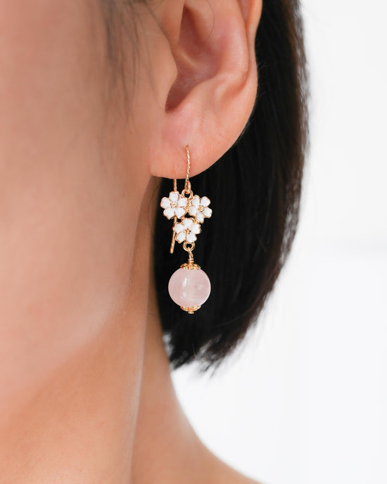 White Cherry Blossom Rose Quartz Hook Earrings