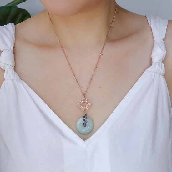 Jade with Peranakan Tile and Kyanite Vine Necklace
