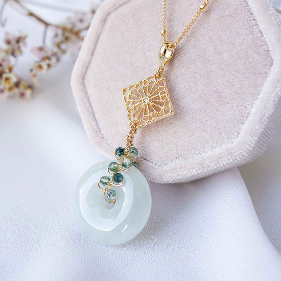 Jade with Small Peranakan Tile and Moss Agate Vine Necklace