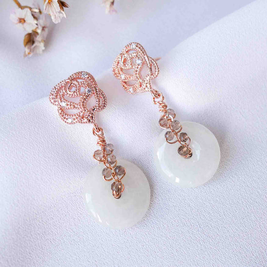 White Jade with Smoky Quartz Vine Rose Earrings