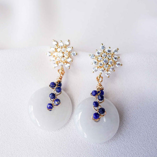 White Jade with Lapis Lazuli Vine Snow Earrings