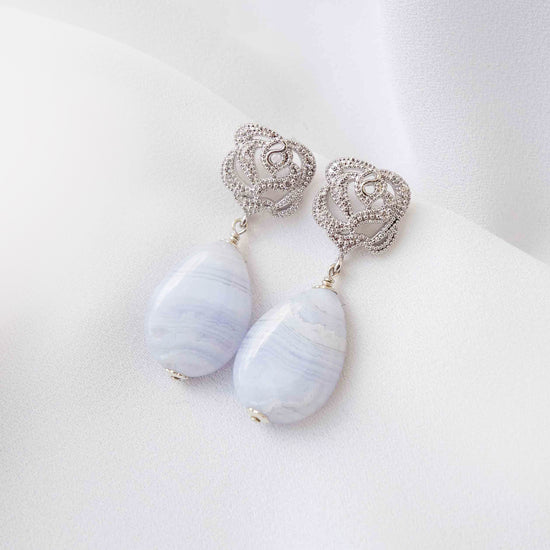 Rose Ear Studs with Teardrop Blue Lace Agate