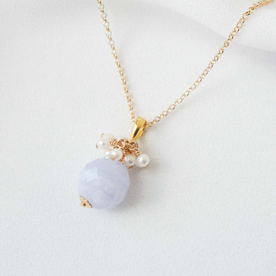 Blue Lace Agate with Pearl Cluster Necklace - Gold Filled