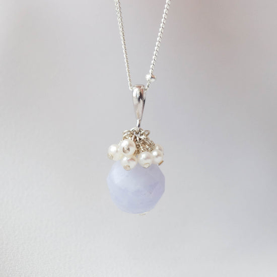 Blue Lace Agate with Pearl Cluster Necklace - Sterling Silver