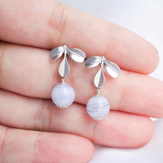 Triple Leaf Ear Studs with Petite Blue Lace Agate Bead