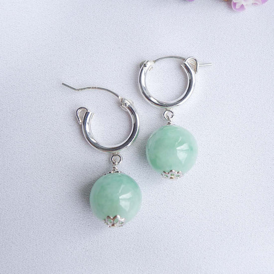Chic Ear Hoops with Green Jade Beads