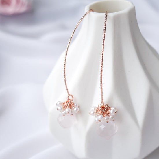 Sleek Rose Quartz with Pearl Cluster Hook Earrings