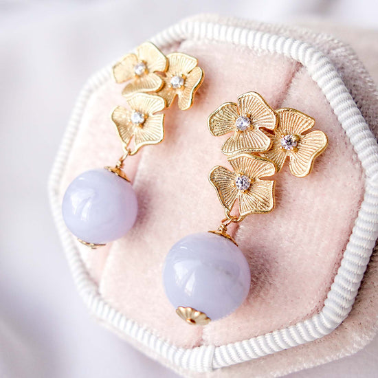 Triple Flower Ear Studs with Blue Lace Agate Bead