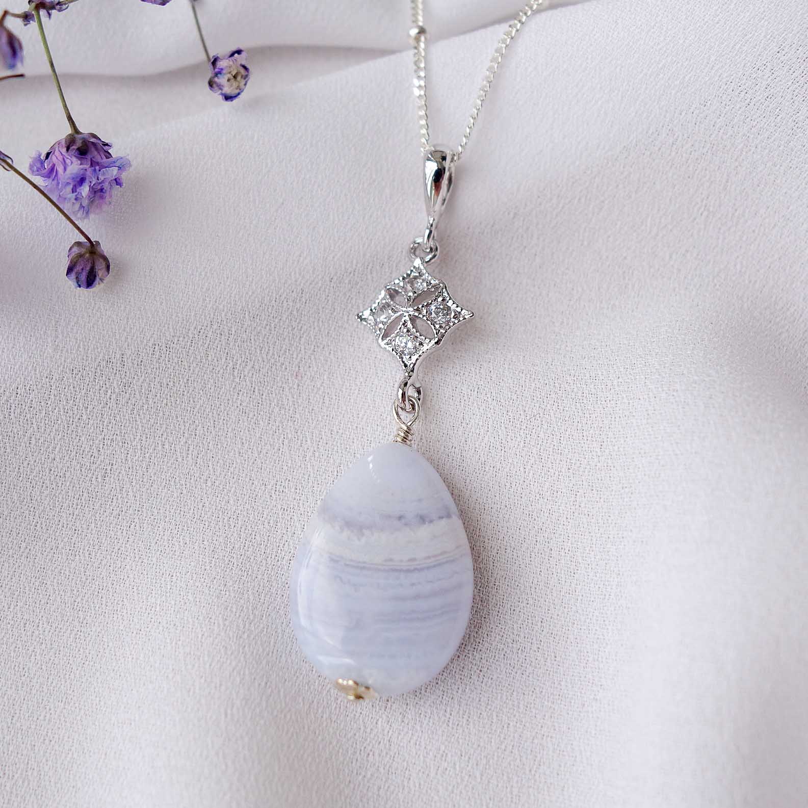 Diamond shaped Charm with Teardrop Blue Lace Agate Necklace Sterling Silver