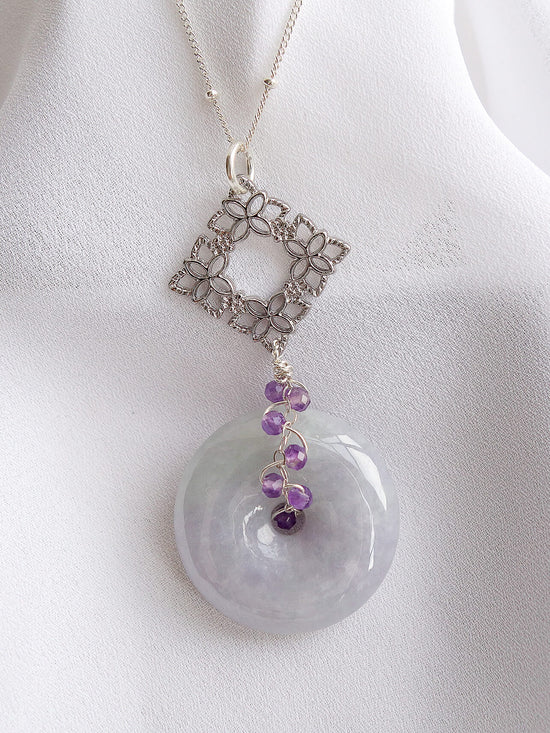 Lavender Jade Necklace with Peranakan Tile and Amethyst Vine