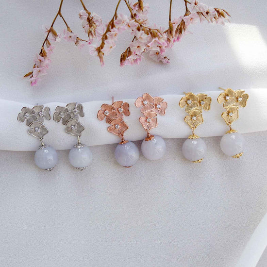 Triple Flower Ear Studs with Lavender Jade